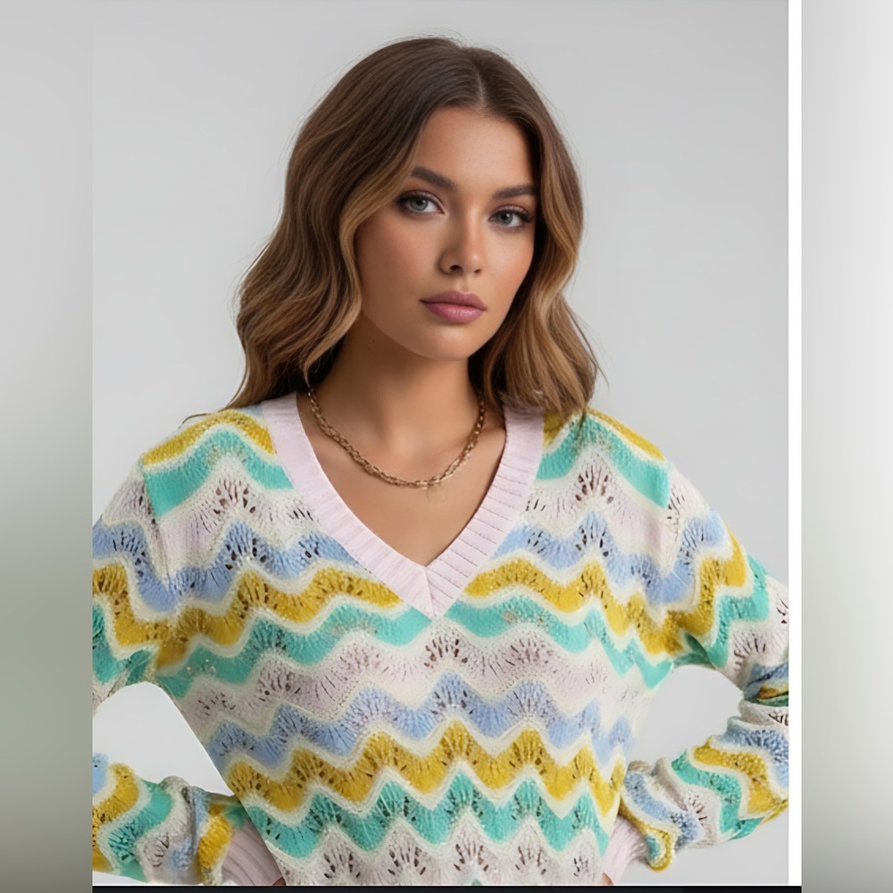 Wavy Striped Pointelle Knit Sweater